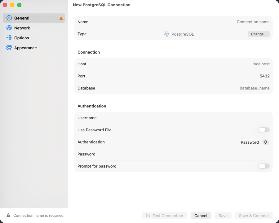 PostgreSQL connection form