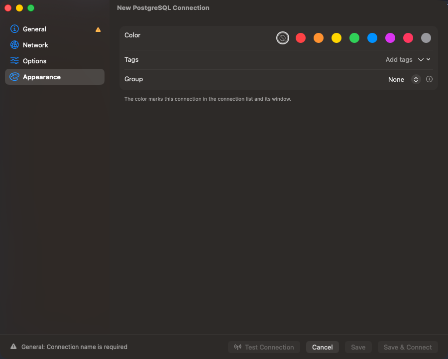 Color swatches, a tag field and a group picker