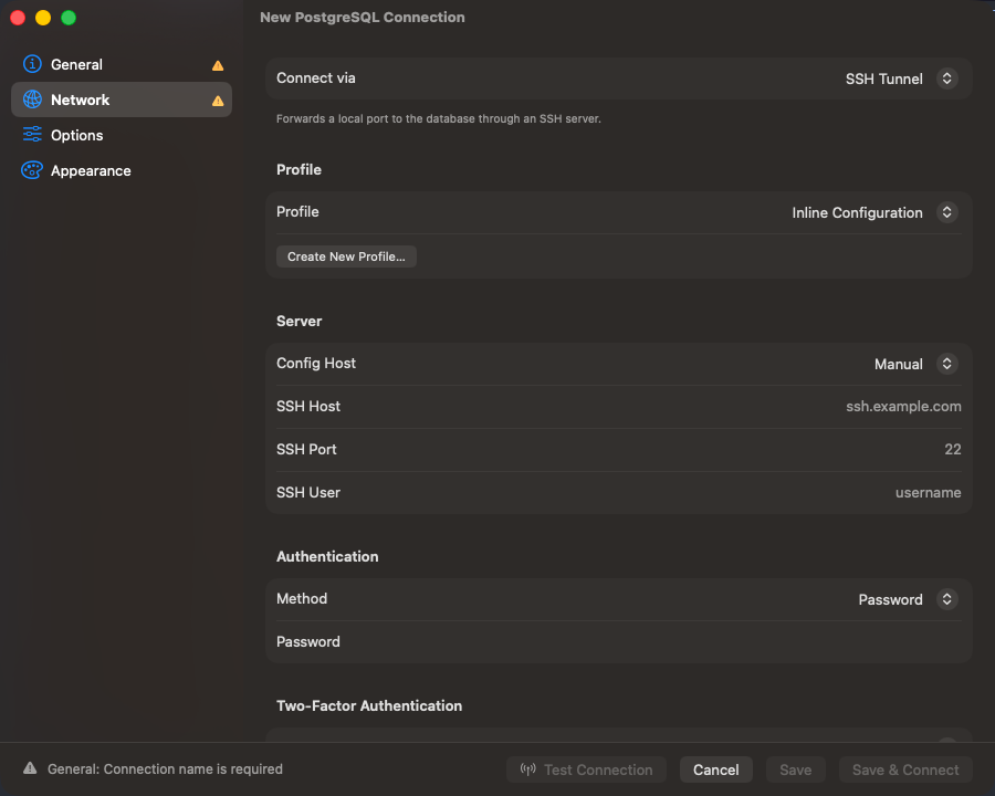 Network section with SSH Tunnel selected and a saved profile in the Profile picker