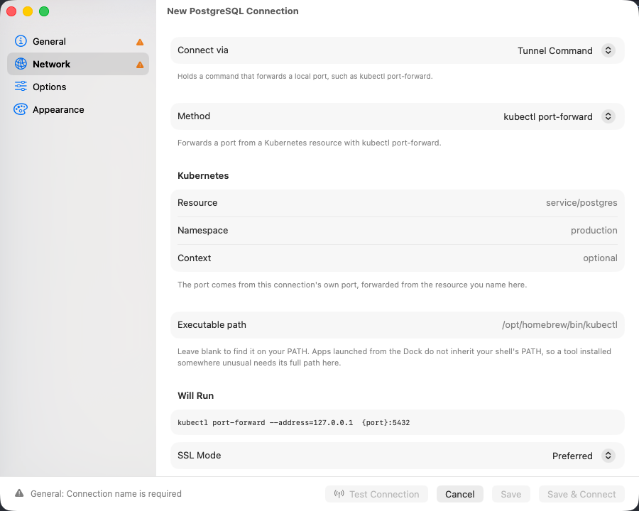 Tunnel Command selected, with the kubectl method, namespace, resource and a Will Run section