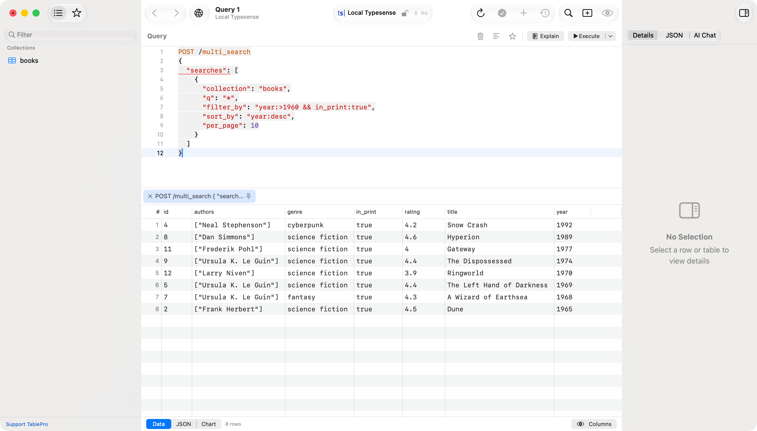 Typesense request console with a multi_search body and a grid of matching documents