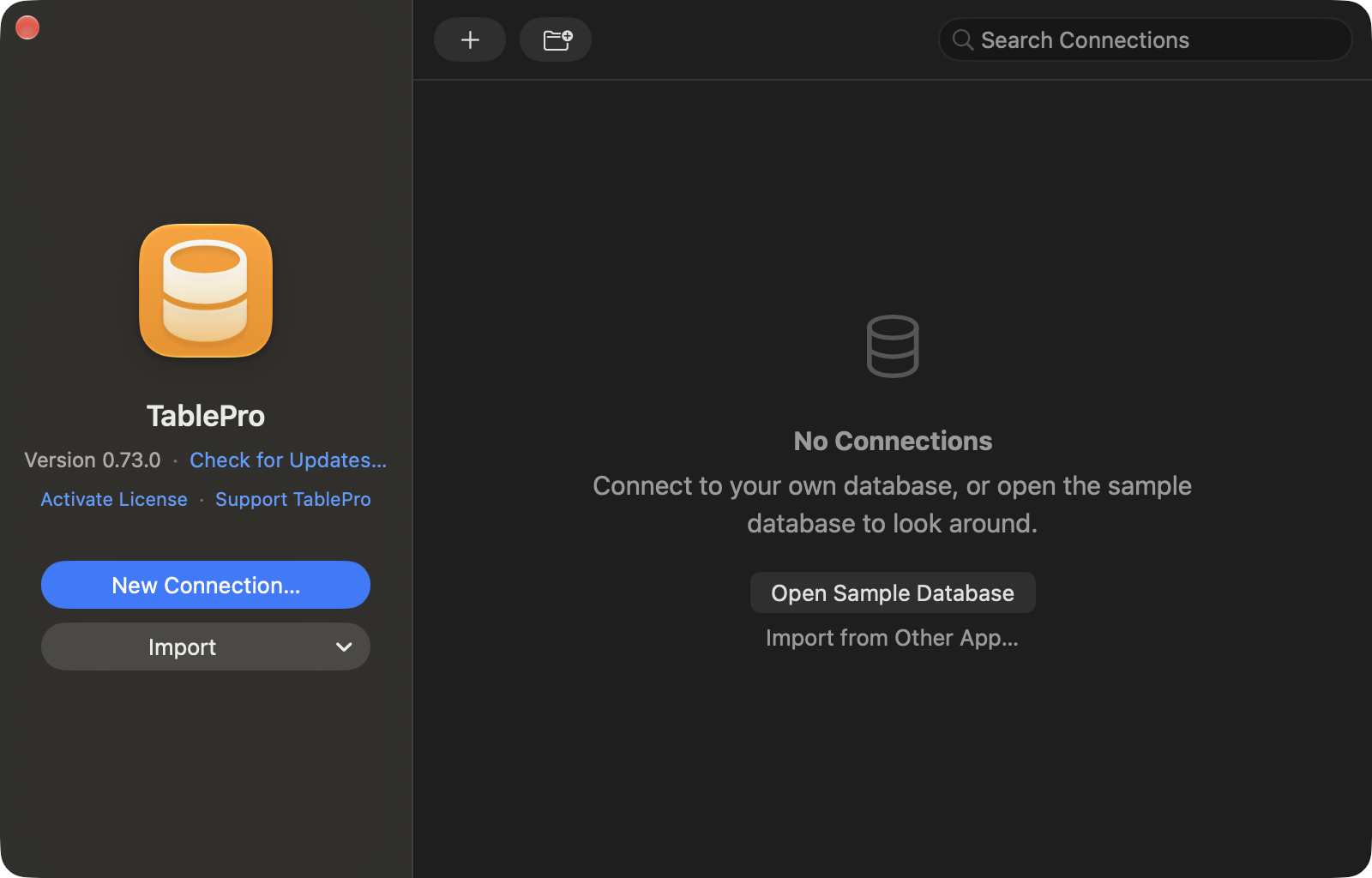 Welcome window with New Connection and Import on the left and an empty connection list offering the sample database