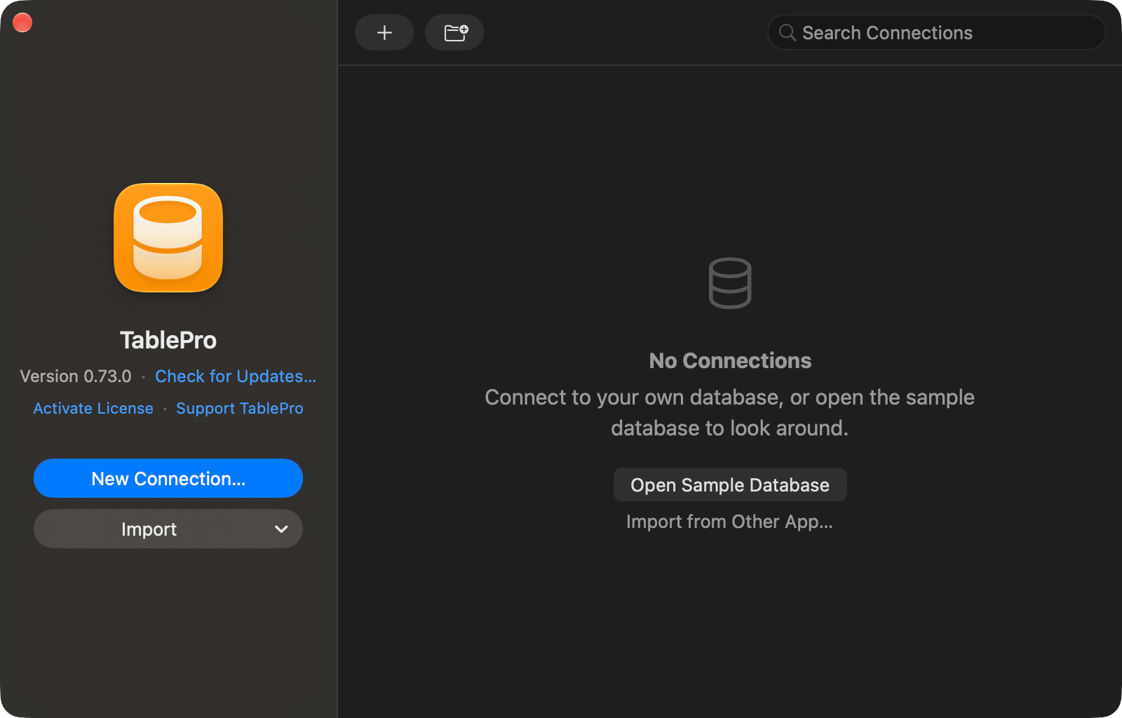 Welcome window with New Connection and Import on the left and an empty connection list offering the sample database