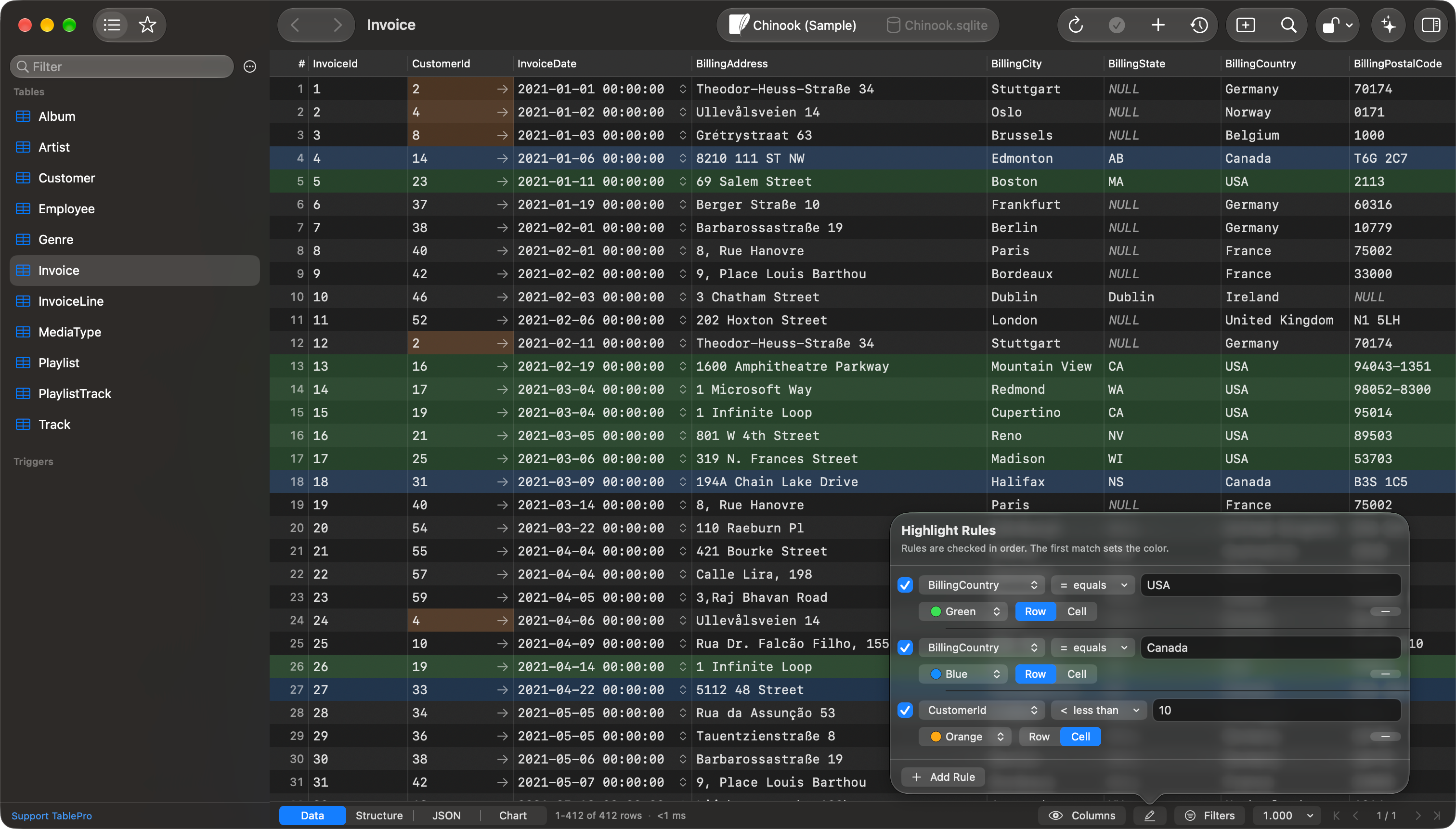 Highlight Rules popover listing three rules over an Invoice grid with tinted rows and cells