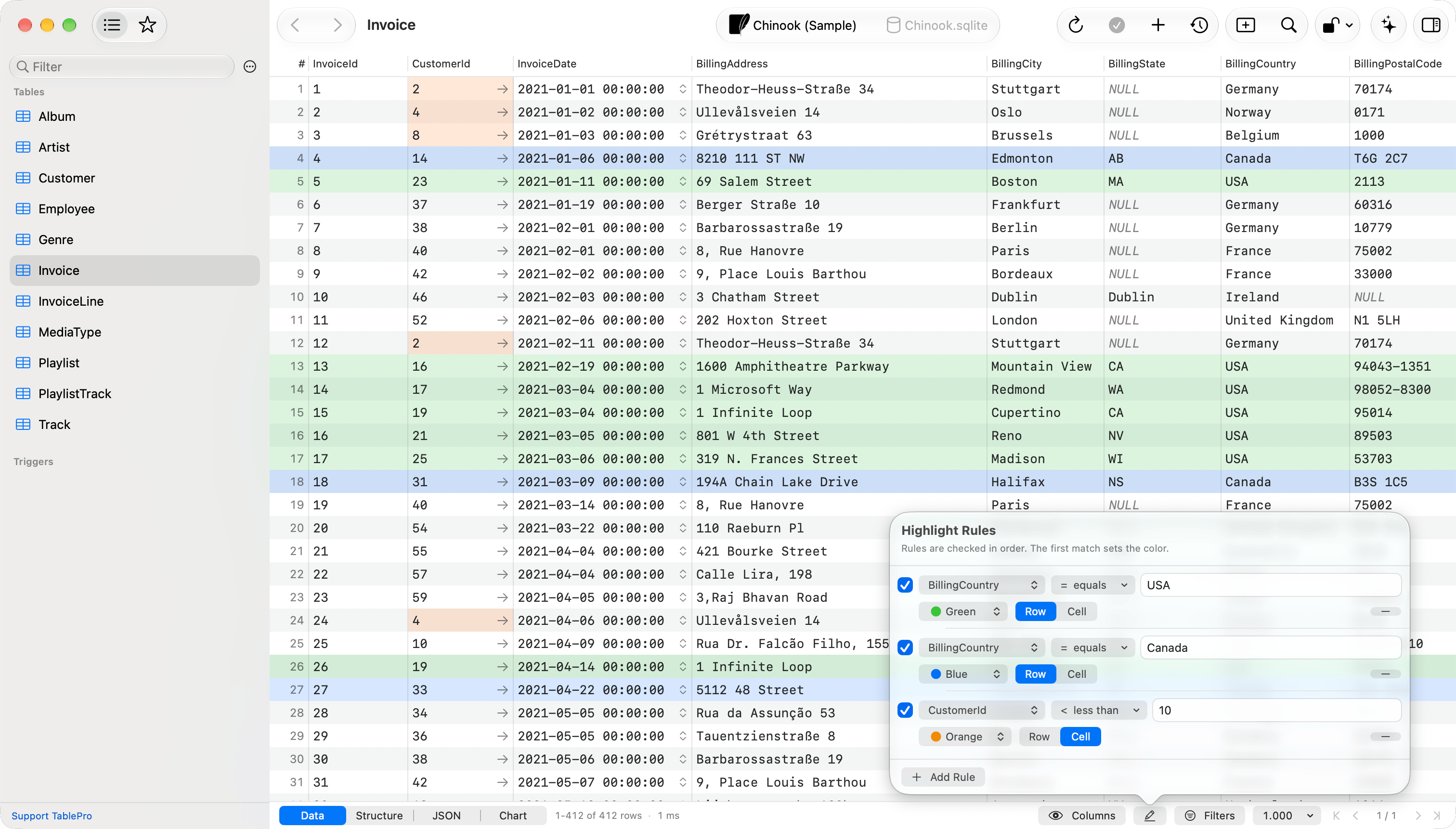 Highlight Rules popover listing three rules over an Invoice grid with tinted rows and cells