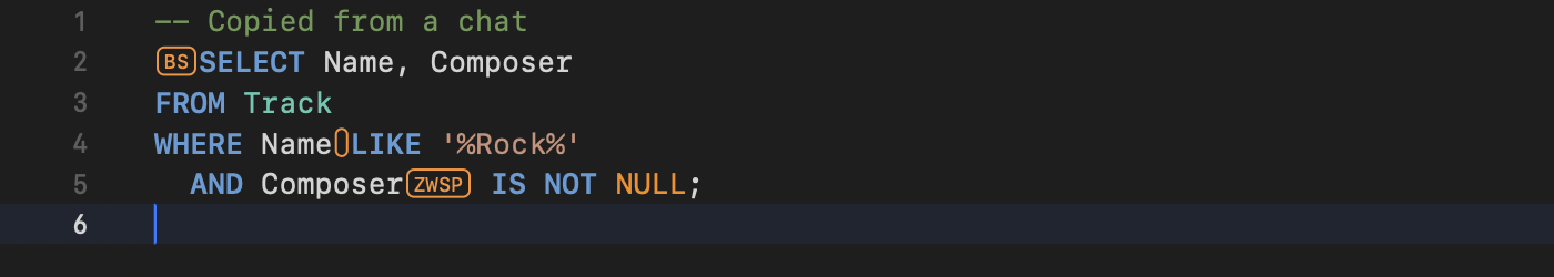 SQL editor with an orange BS box at the start of line 2, an outlined space on line 4 and a ZWSP box on line 5