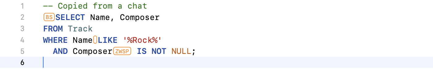 SQL editor with an orange BS box at the start of line 2, an outlined space on line 4 and a ZWSP box on line 5