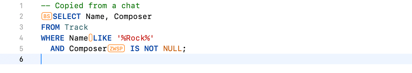 SQL editor with an orange BS box at the start of line 2, an outlined space on line 4 and a ZWSP box on line 5