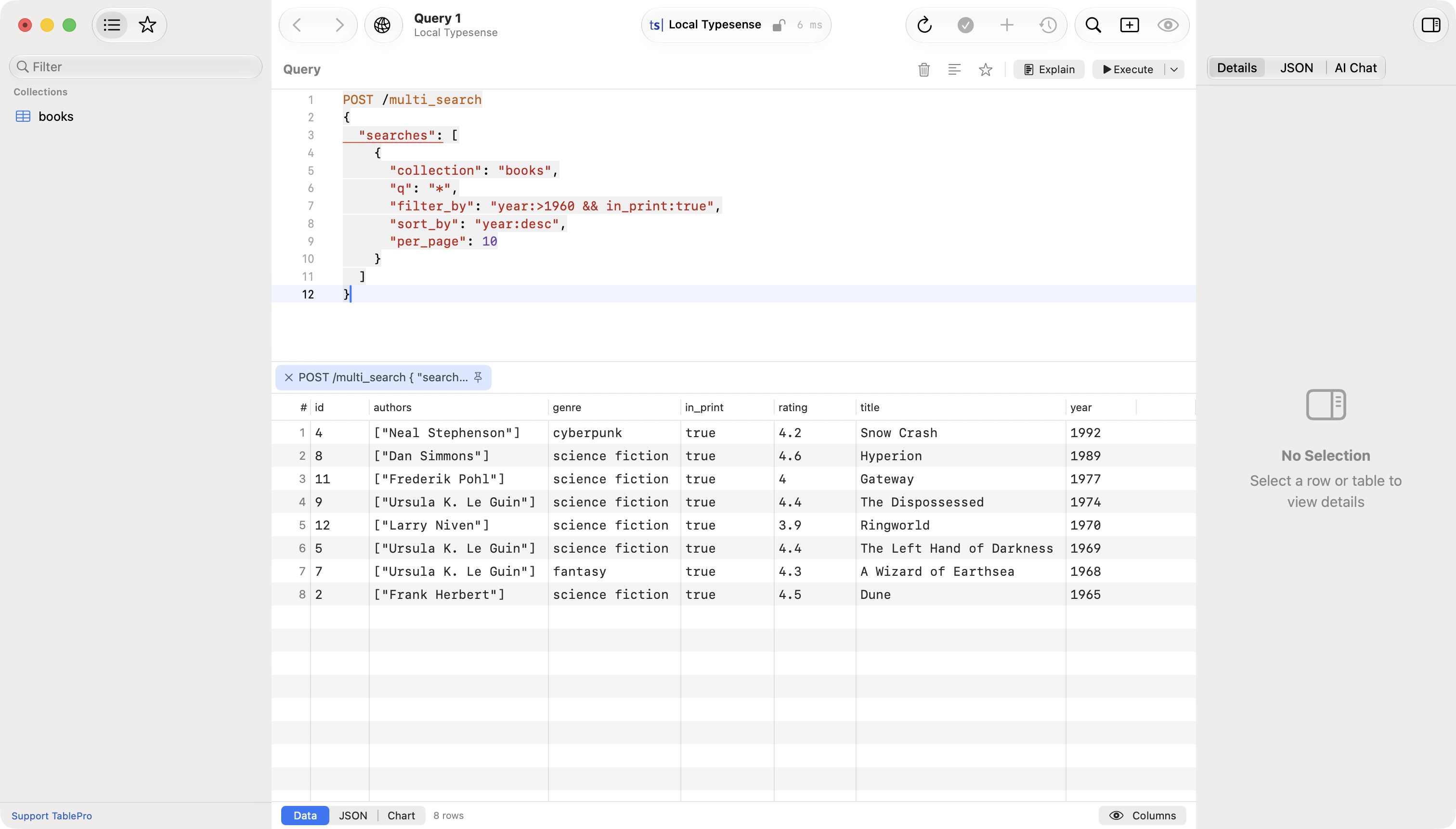 Typesense request console with a multi_search body and a grid of matching documents