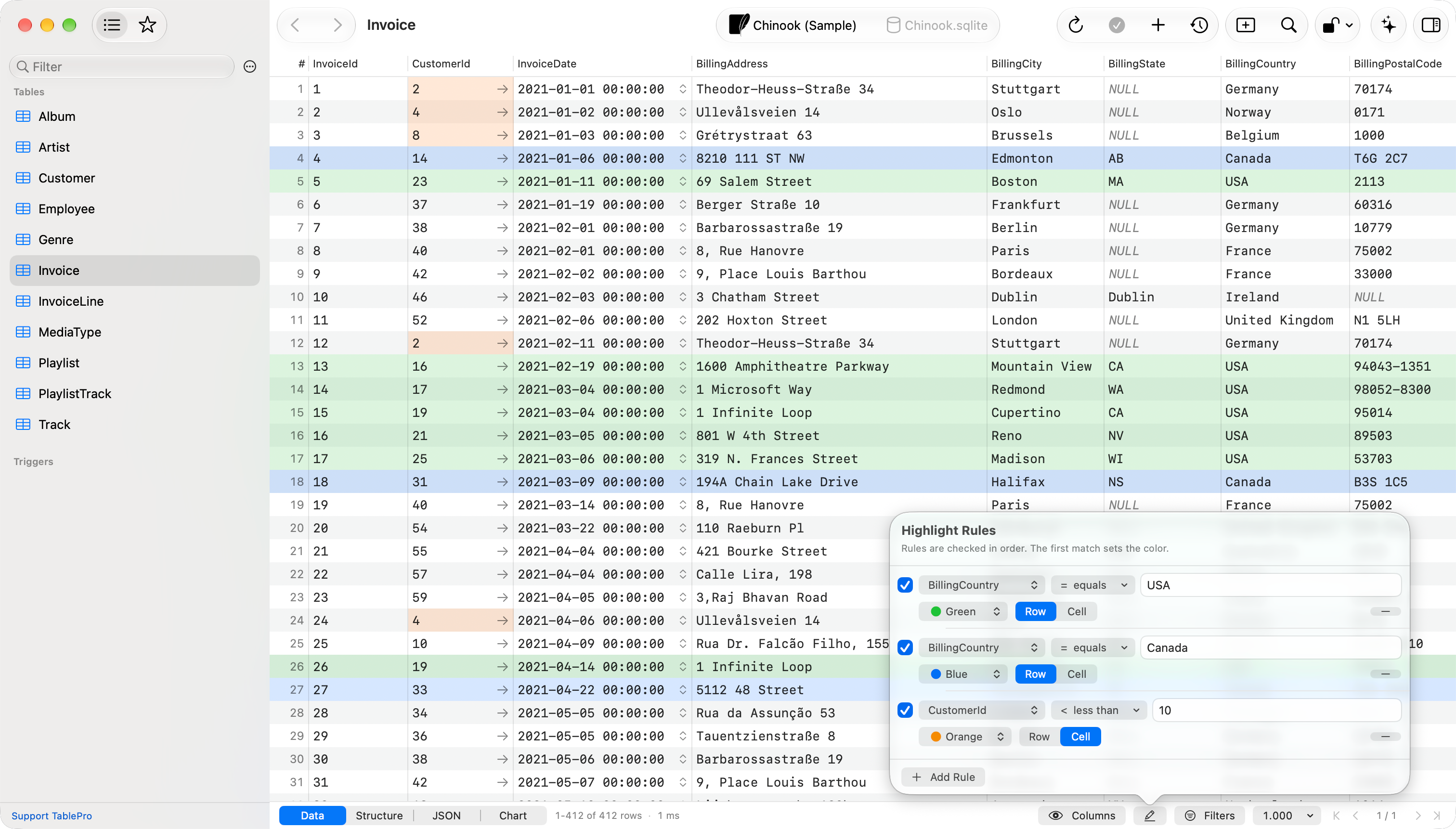 Highlight Rules popover listing three rules over an Invoice grid with tinted rows and cells