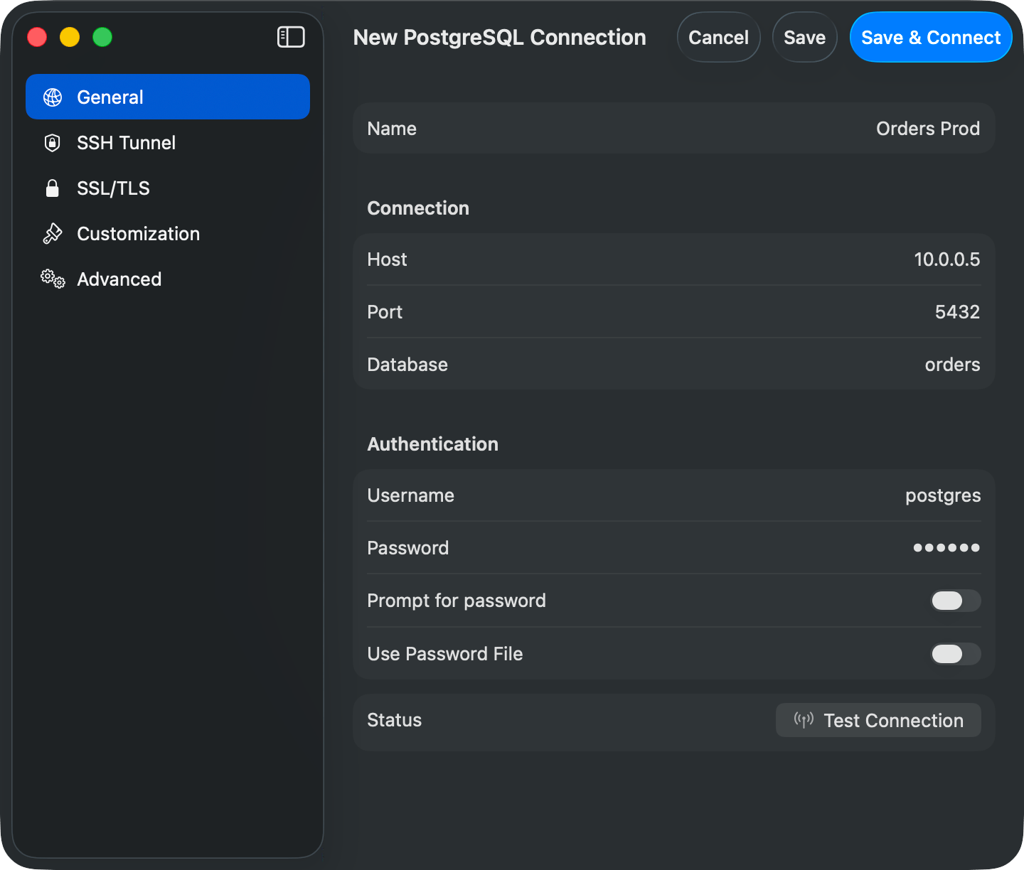 PostgreSQL connection form