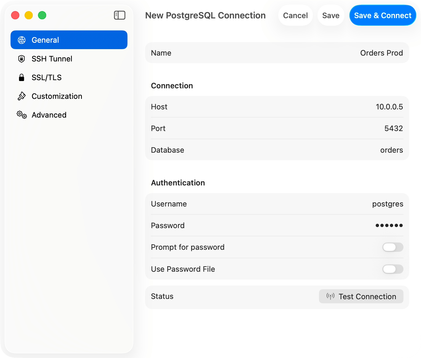 PostgreSQL connection form