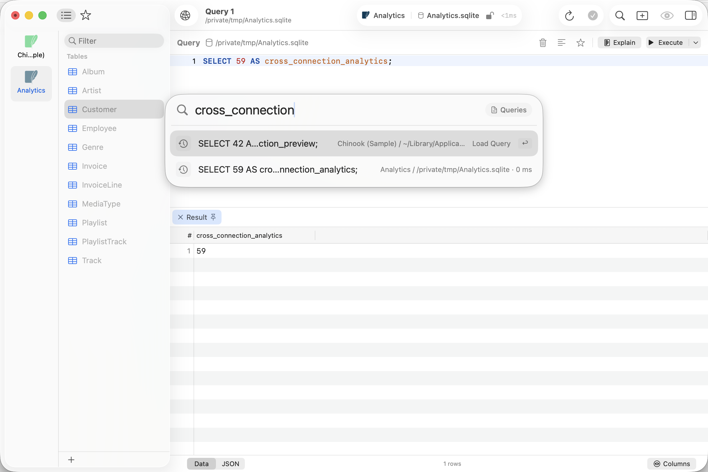 Quick Switcher showing query history from Chinook and Analytics connections