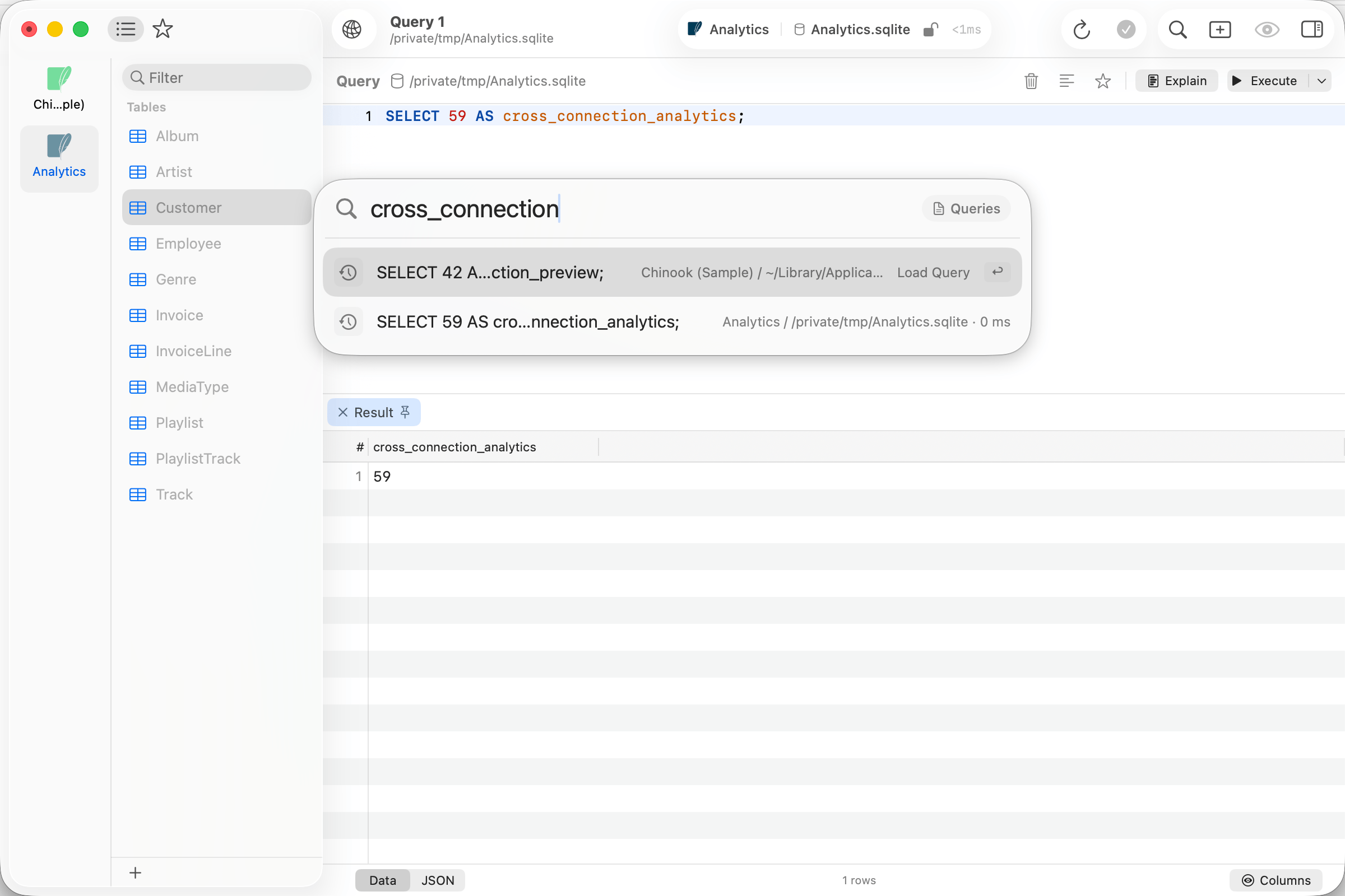 Quick Switcher showing query history from Chinook and Analytics connections