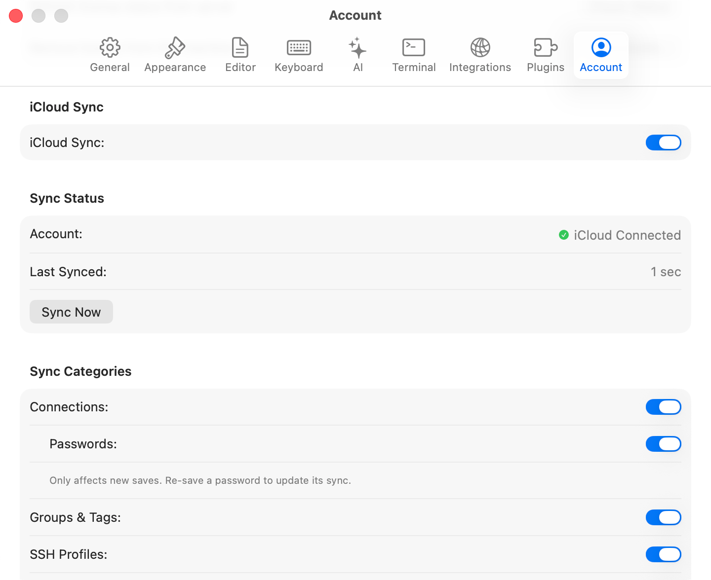 iCloud Sync settings