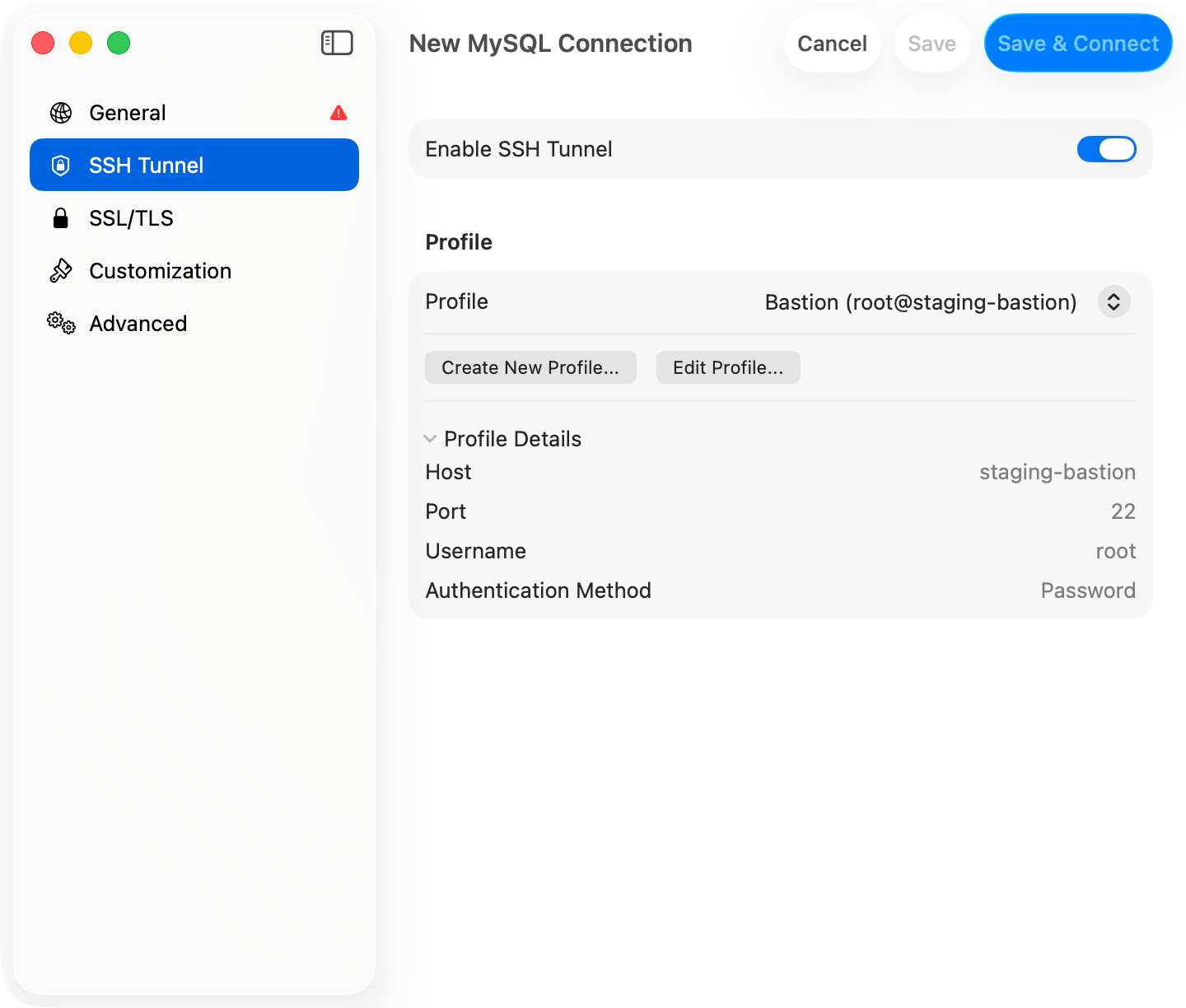 SSH Tunnel pane with a saved profile selected