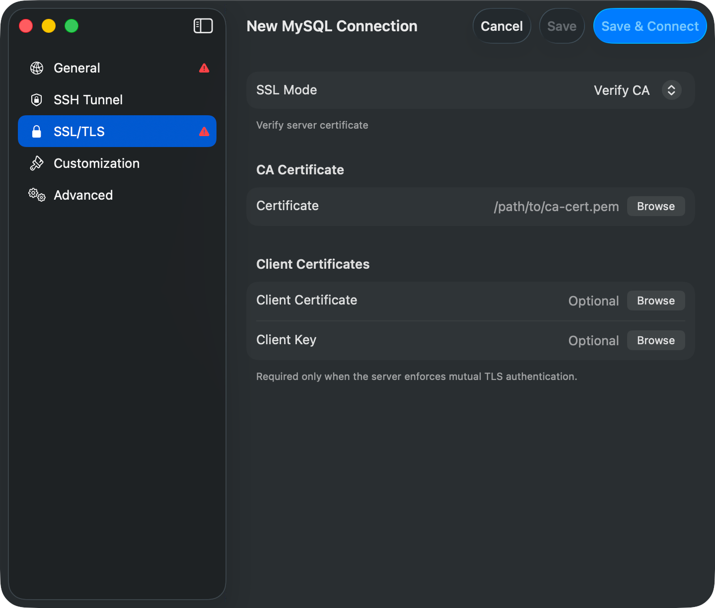 SSL mode and certificate settings in the connection form