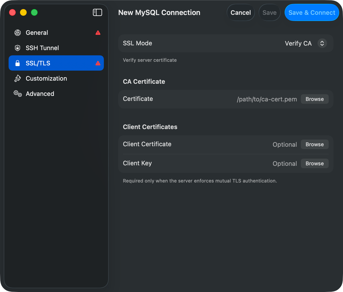 SSL mode and certificate settings in the connection form