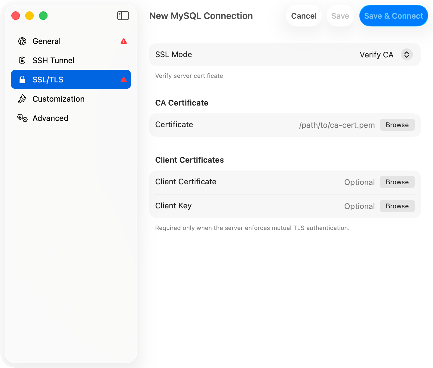 SSL mode and certificate settings in the connection form