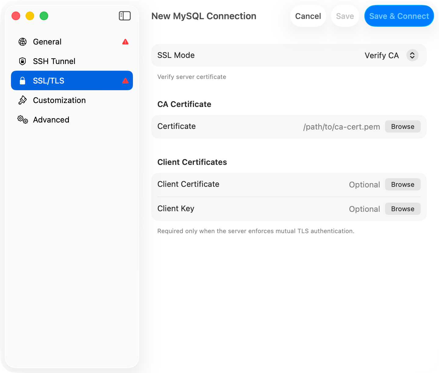 SSL mode and certificate settings in the connection form