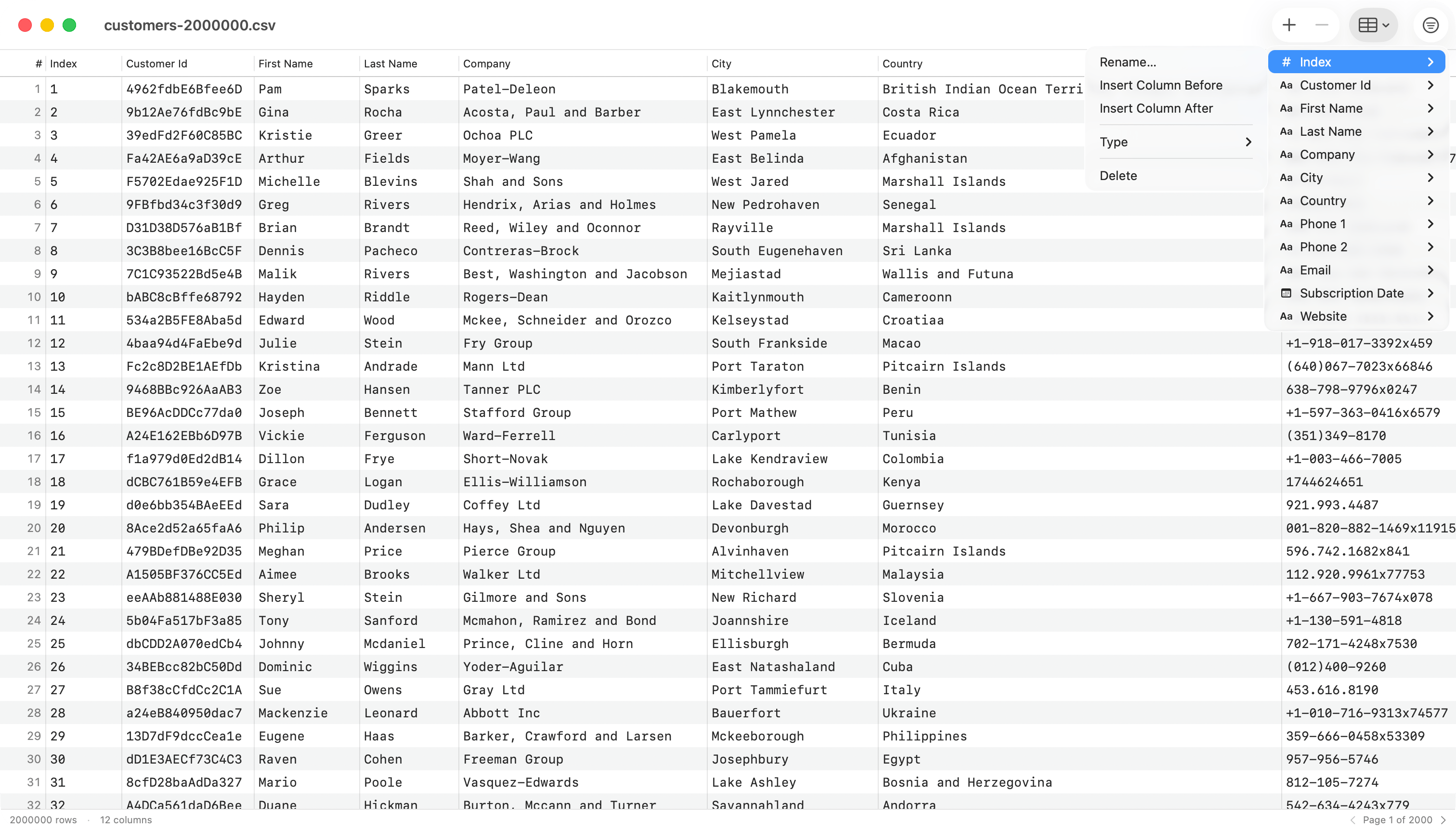 CSV Inspector Columns Menu
