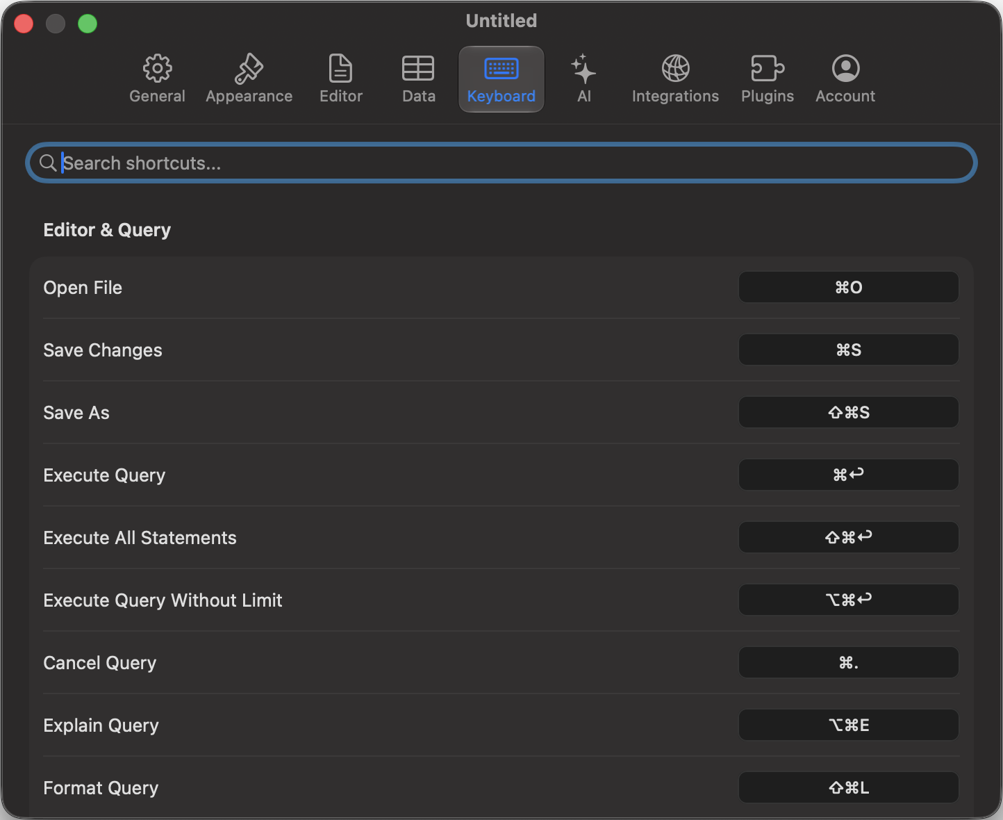 Keyboard settings with the shortcut recorder