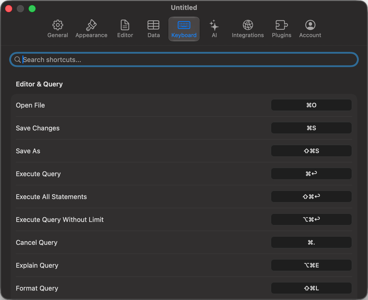 Keyboard settings with the shortcut recorder