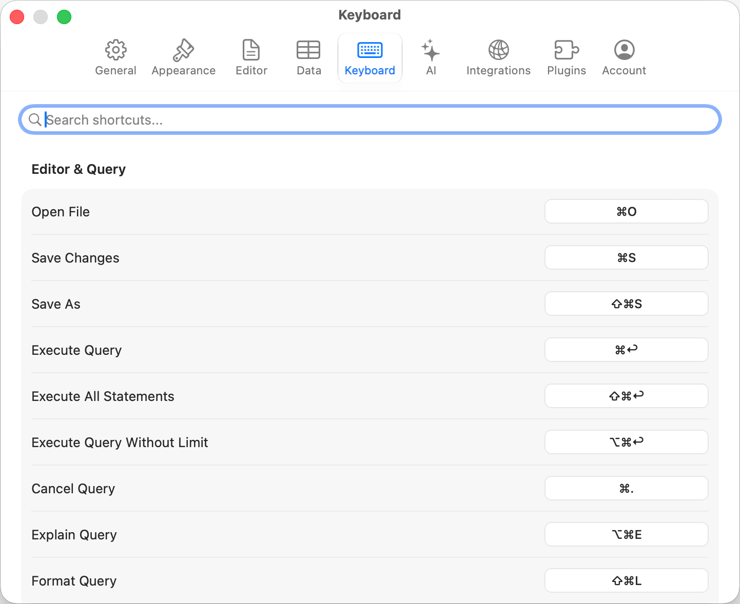 Keyboard settings with the shortcut recorder