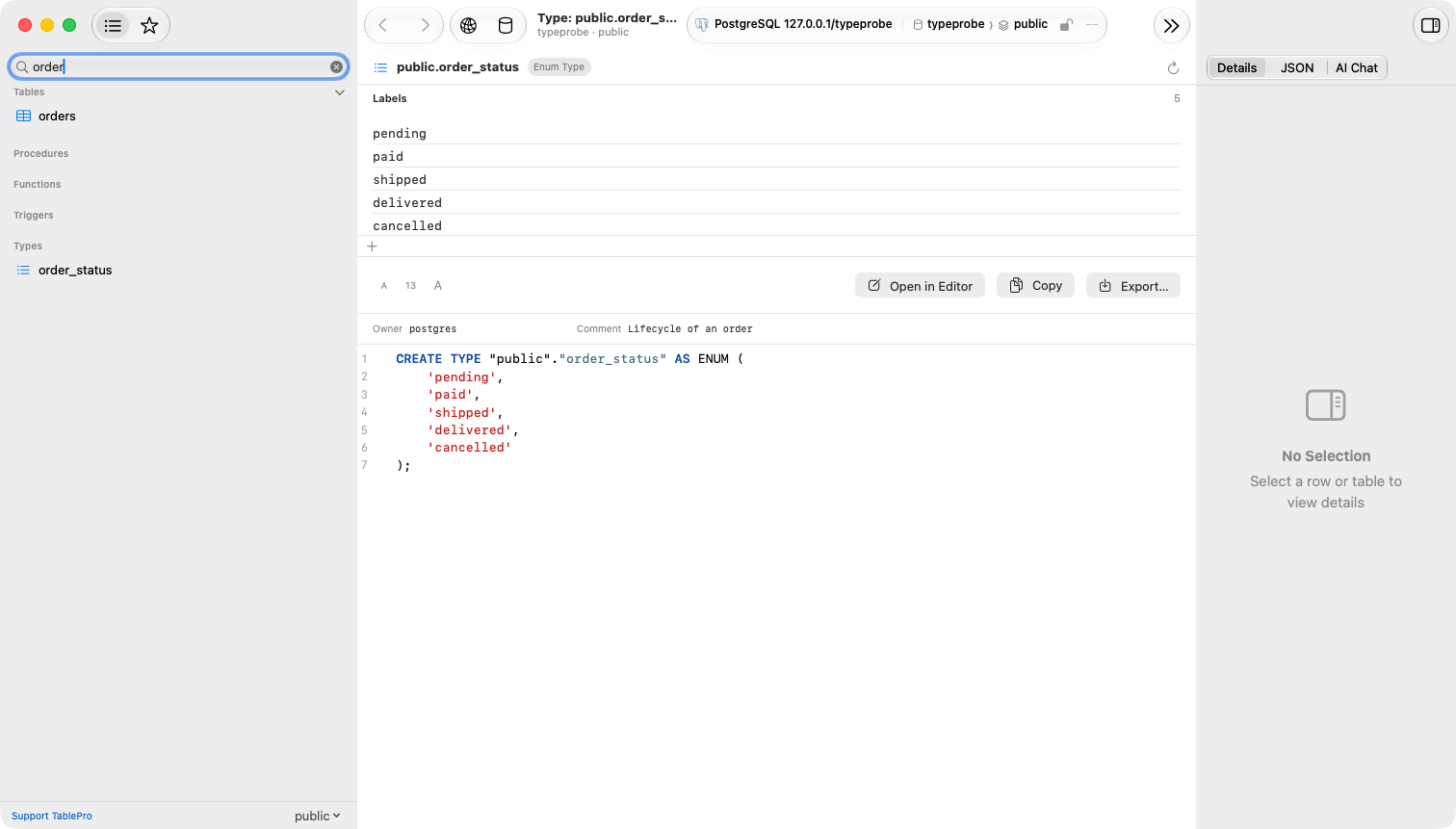 Sidebar tree with the Types section expanded under a PostgreSQL schema, and a tab showing an enum's labels with the rebuilt CREATE TYPE statement under them