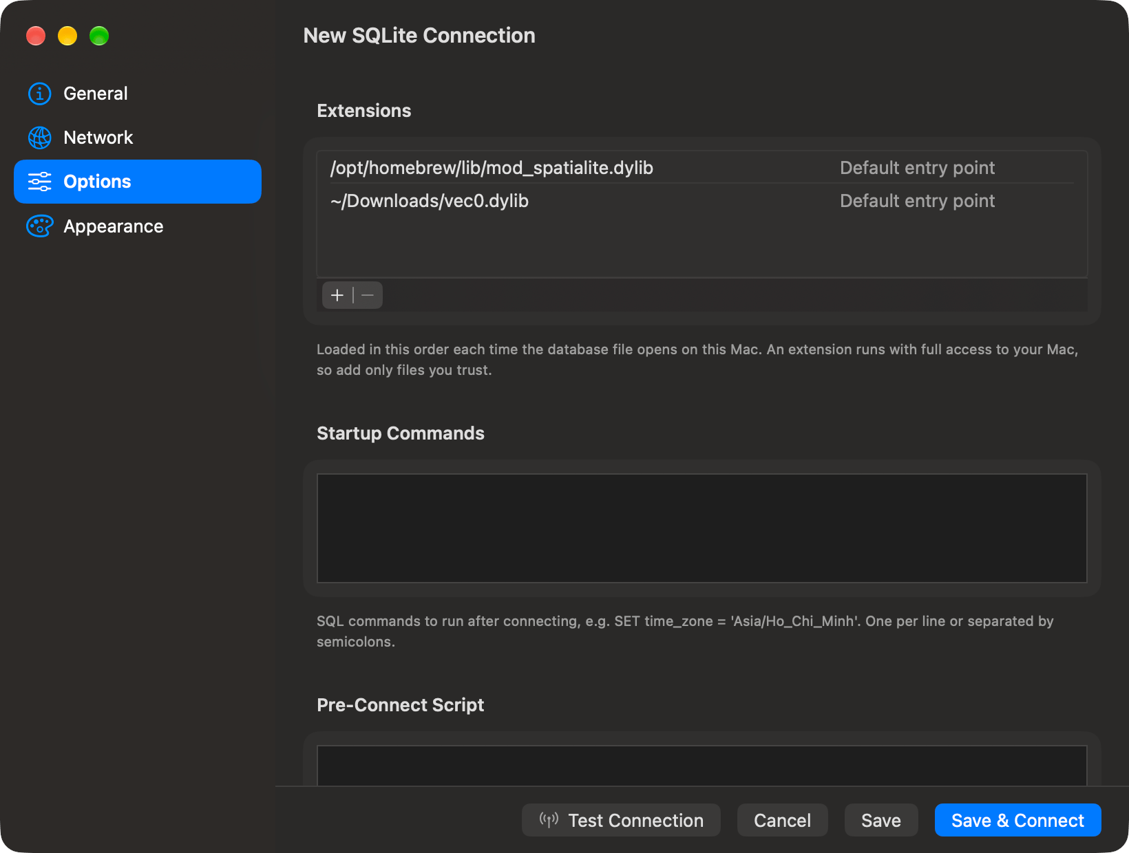 The Options pane of a new SQLite connection. The Extensions list holds /opt/homebrew/lib/mod_spatialite.dylib above ~/Downloads/vec0.dylib, each row's entry point field reads Default entry point, and the add and remove buttons sit under the list