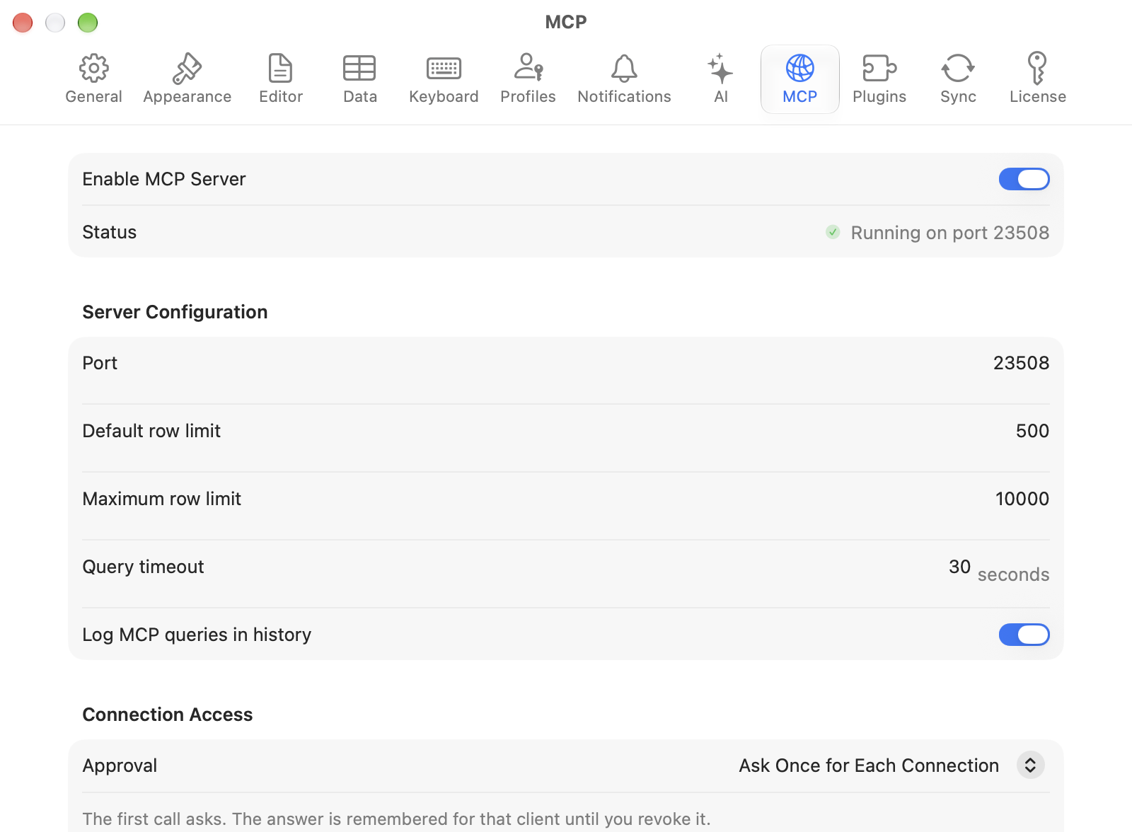 TablePro MCP settings