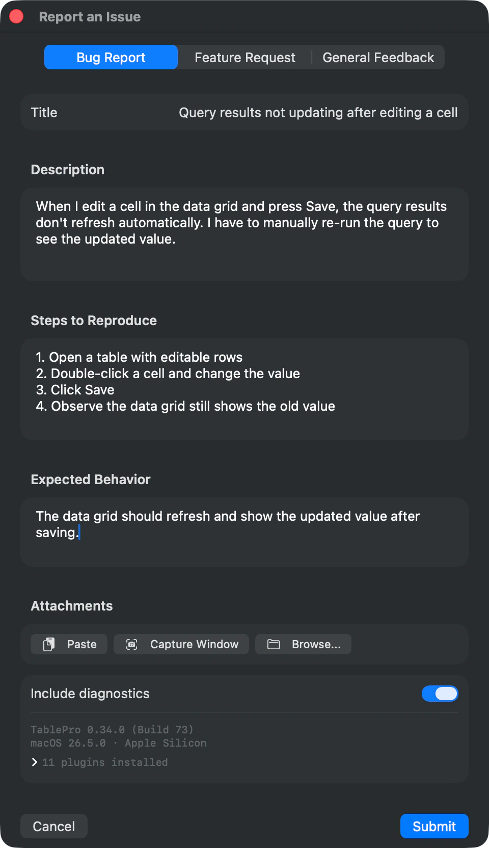 TablePro feedback form with bug report fields and screenshot attachments