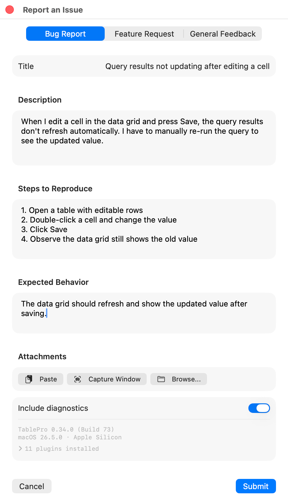 TablePro feedback form with bug report fields and screenshot attachments