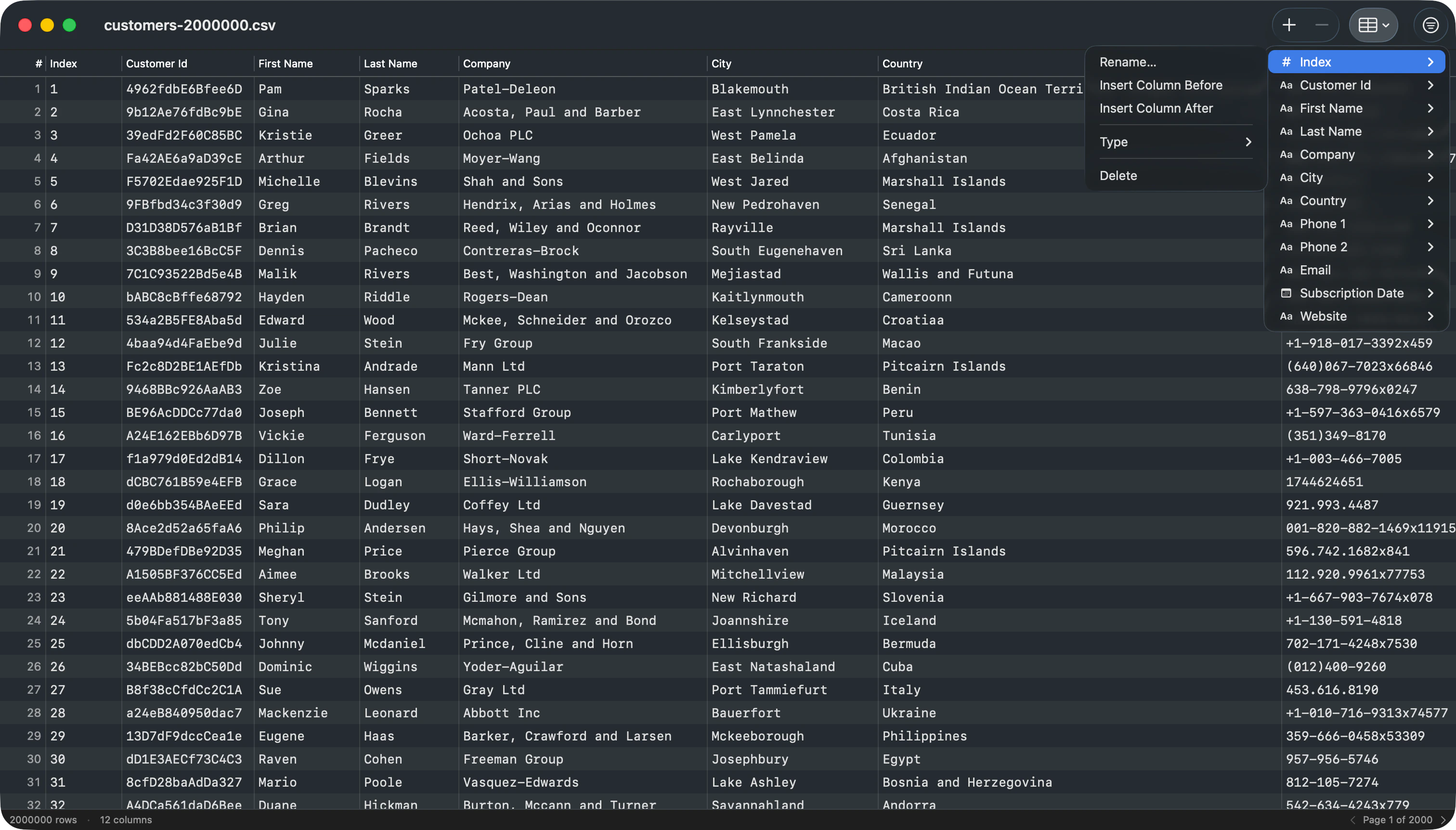 CSV Inspector Columns Menu