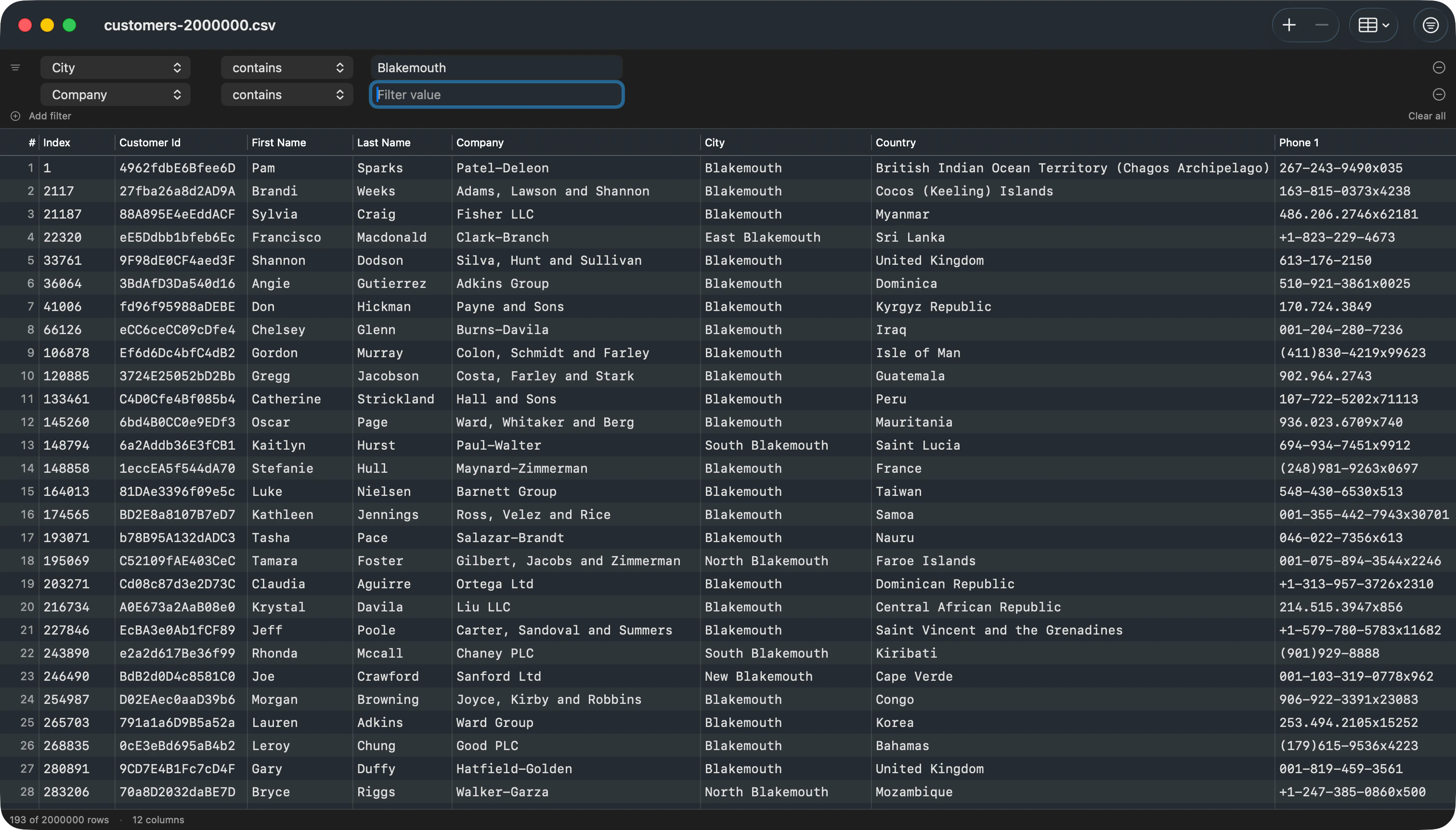 CSV Inspector Filter Bar