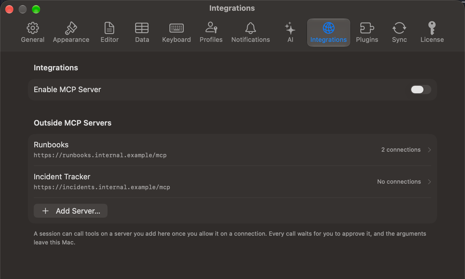 Settings pane listing a server with its address and how many connections it reaches