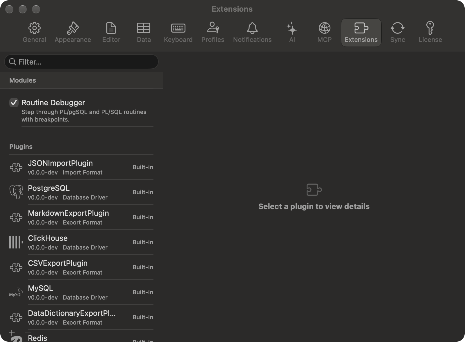 Settings Extensions pane with the Routine Debugger checkbox under Modules and the installed plugins under it