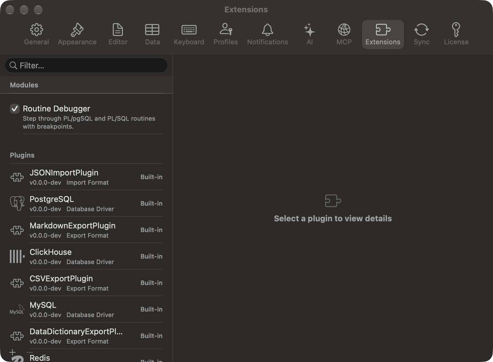 Settings Extensions pane with the Routine Debugger checkbox under Modules and the installed plugins under it