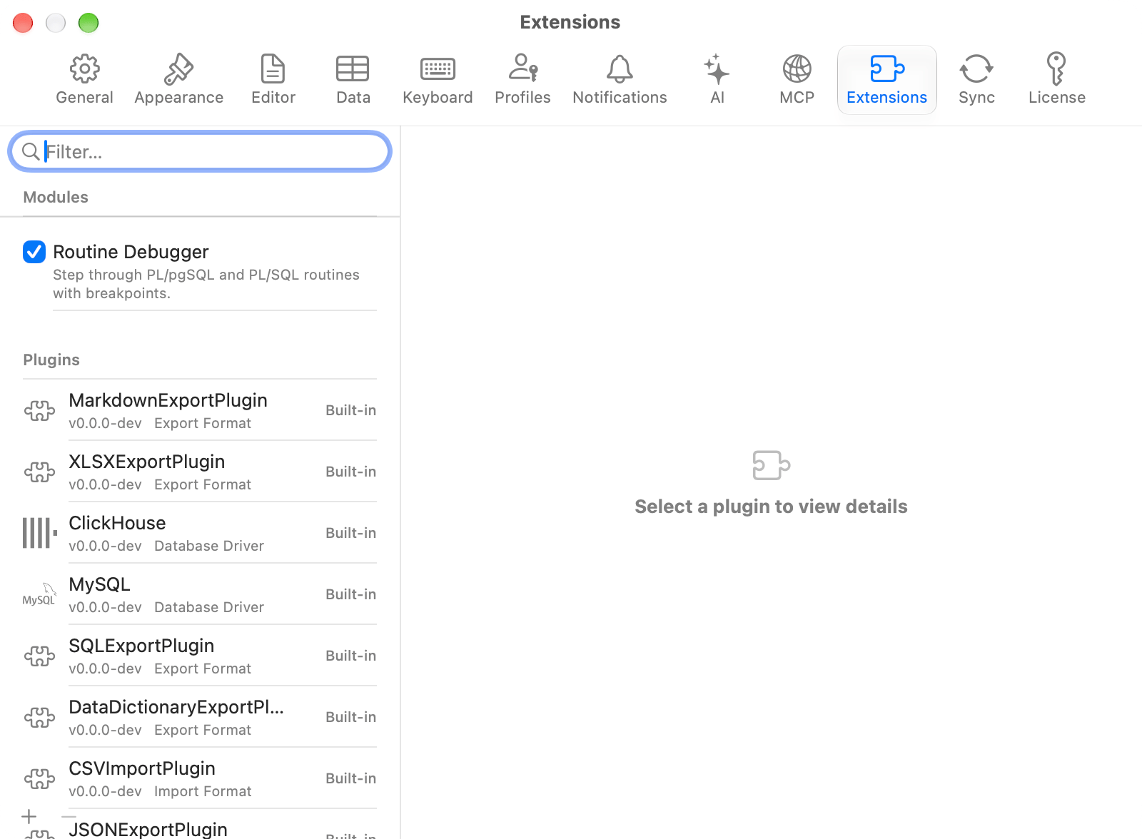 Settings Extensions pane with the Routine Debugger checkbox under Modules and the installed plugins under it