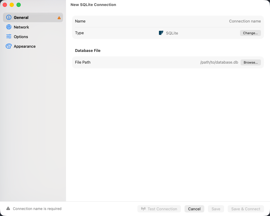 SQLite connection form with file path field
