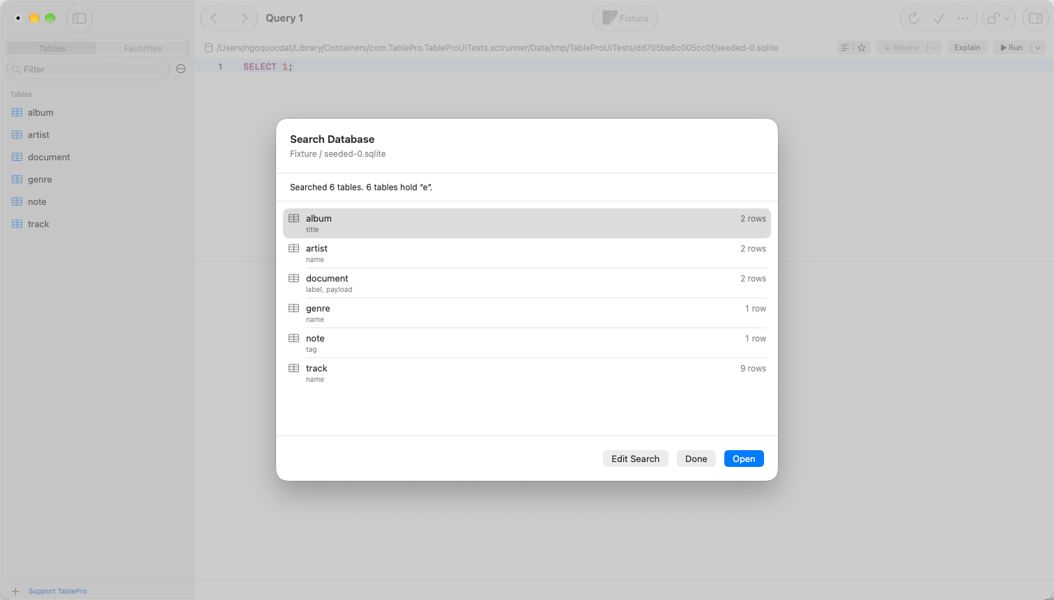 Search Database sheet listing two tables that hold the value