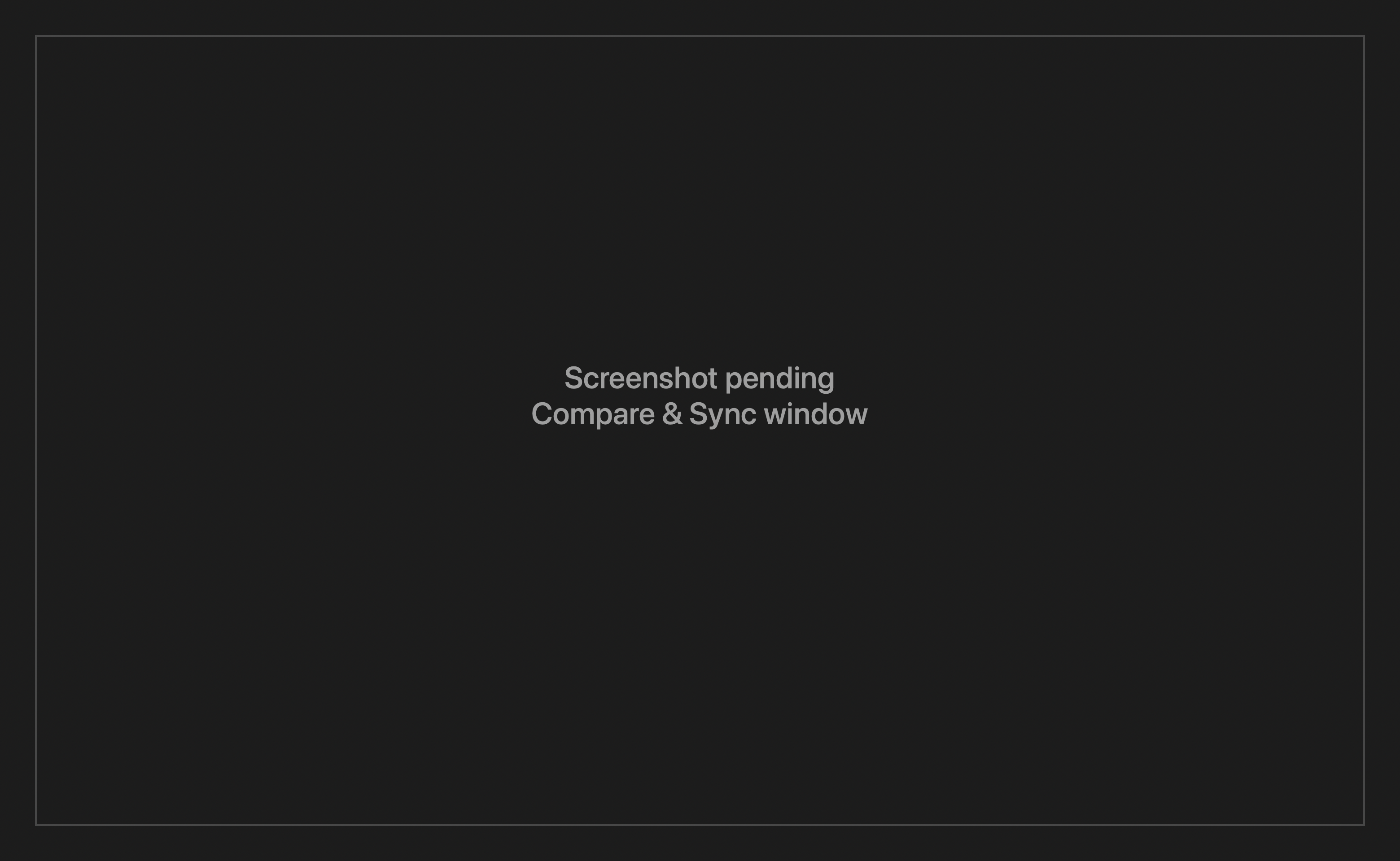 Compare and Sync window with a results table on the left and a two-up definition diff on the right