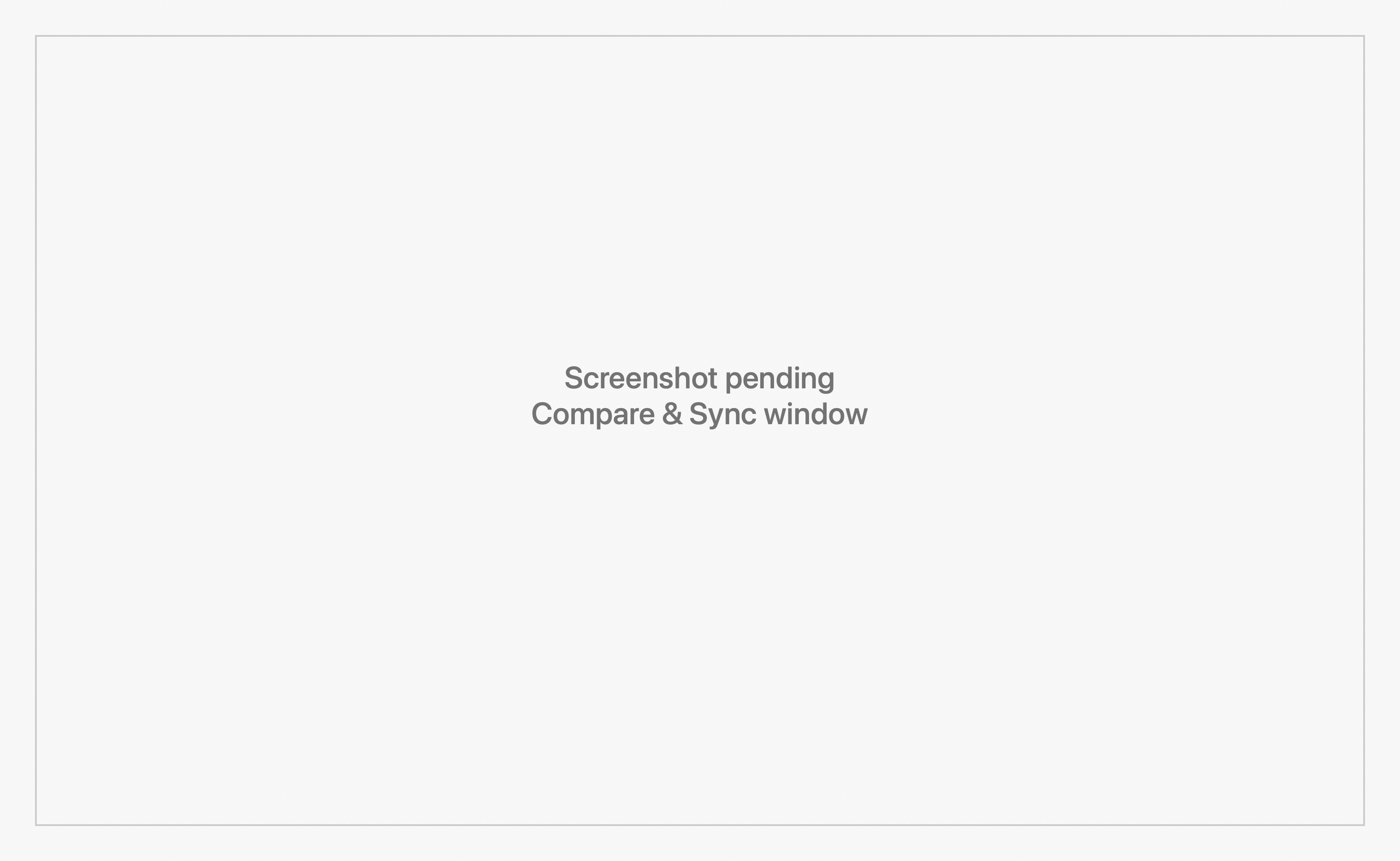 Compare and Sync window with a results table on the left and a two-up definition diff on the right