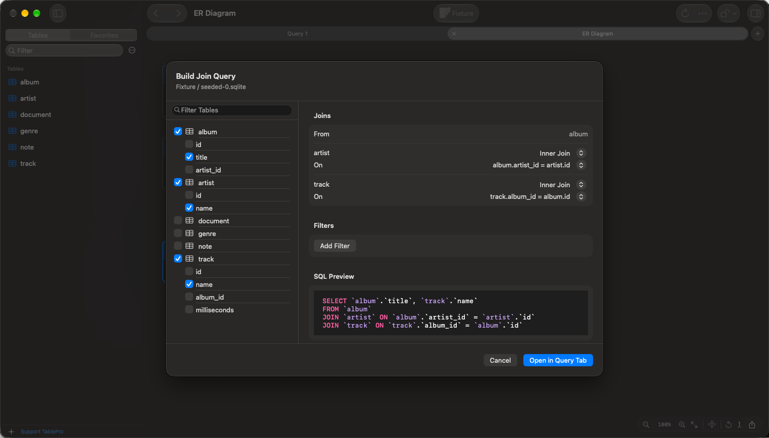 Build Join Query sheet with album, artist and track picked, two join rows, chosen columns and the SQL preview