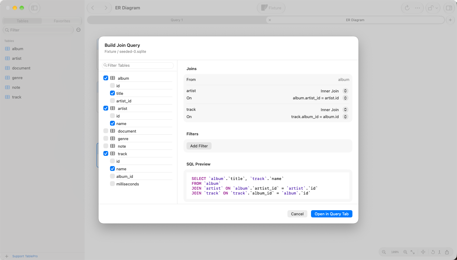 Build Join Query sheet with album, artist and track picked, two join rows, chosen columns and the SQL preview