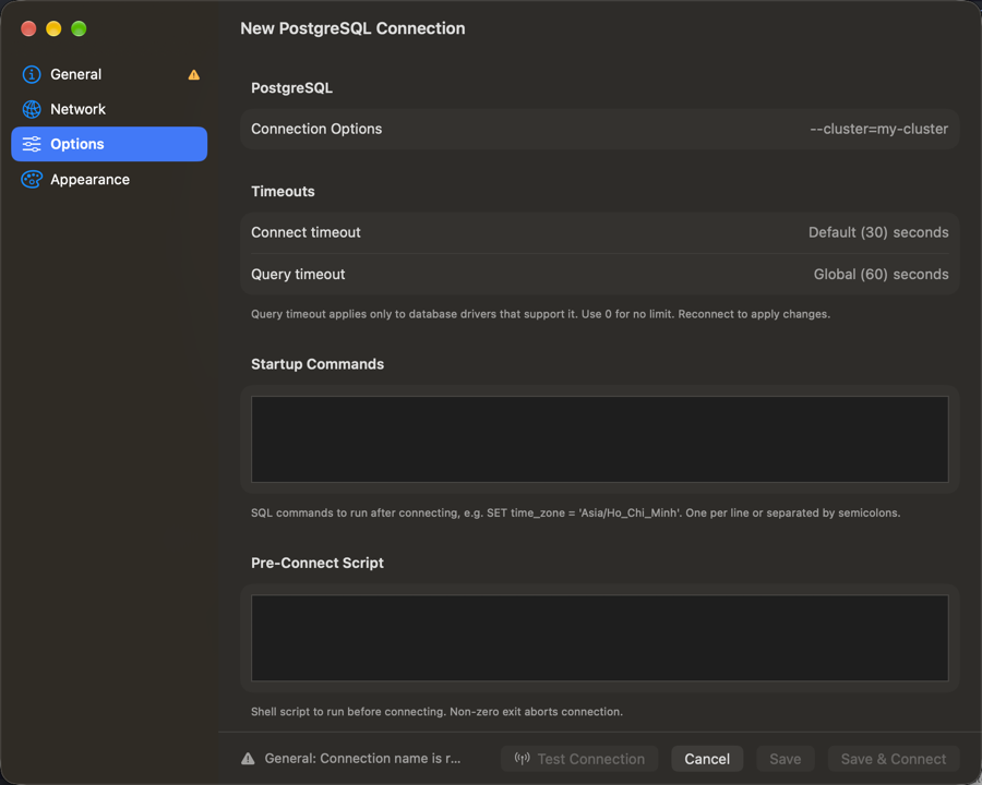 PostgreSQL connection Options pane in dark appearance with Connect timeout and Query timeout fields using their inherited defaults