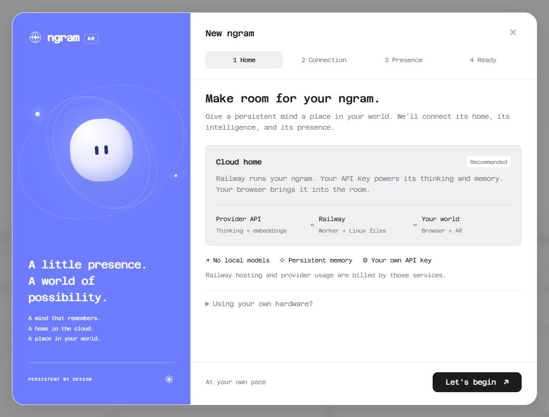 The New ngram wizard in light mode, with a periwinkle illustration on the left and the recommended cloud setup on the right. Its four steps are Home, Connection, Presence, and Ready.