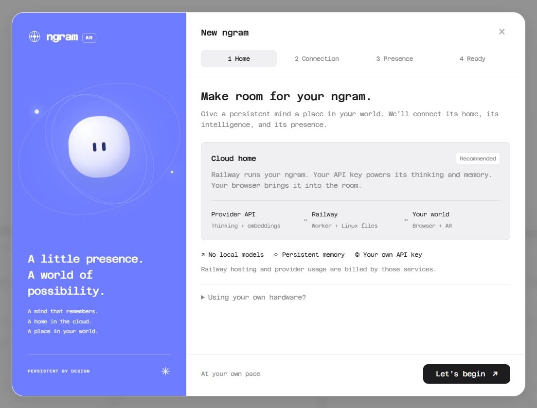The New ngram wizard in light mode, with a periwinkle illustration on the left and the recommended cloud setup on the right. Its four steps are Home, Connection, Presence, and Ready.