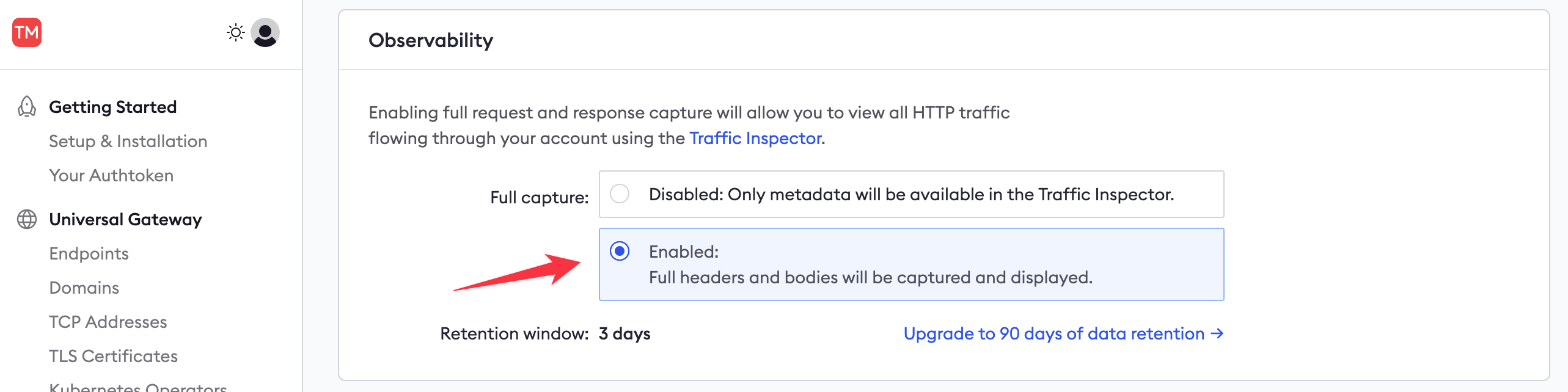 ngrok account settings page with the Enable Full Capture option enabled