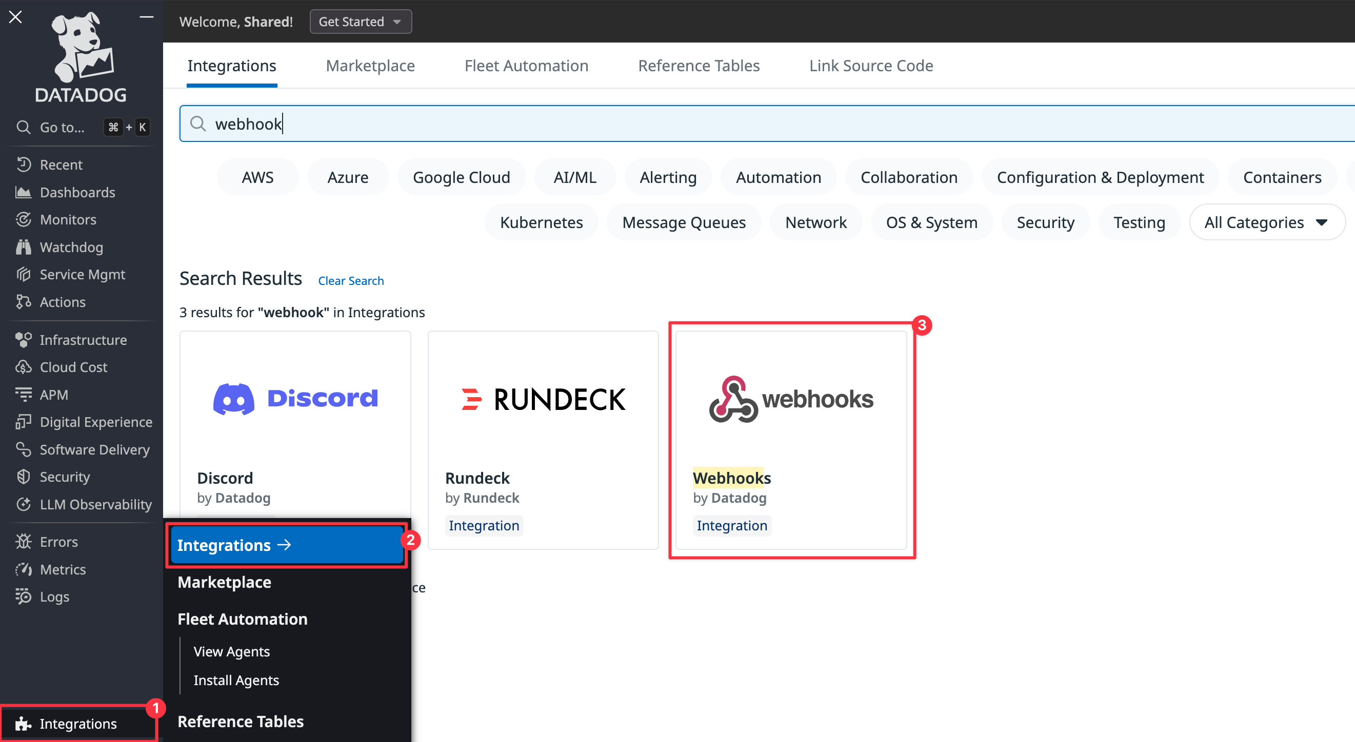 Datadog webhook integration settings page for forwarding ngrok events